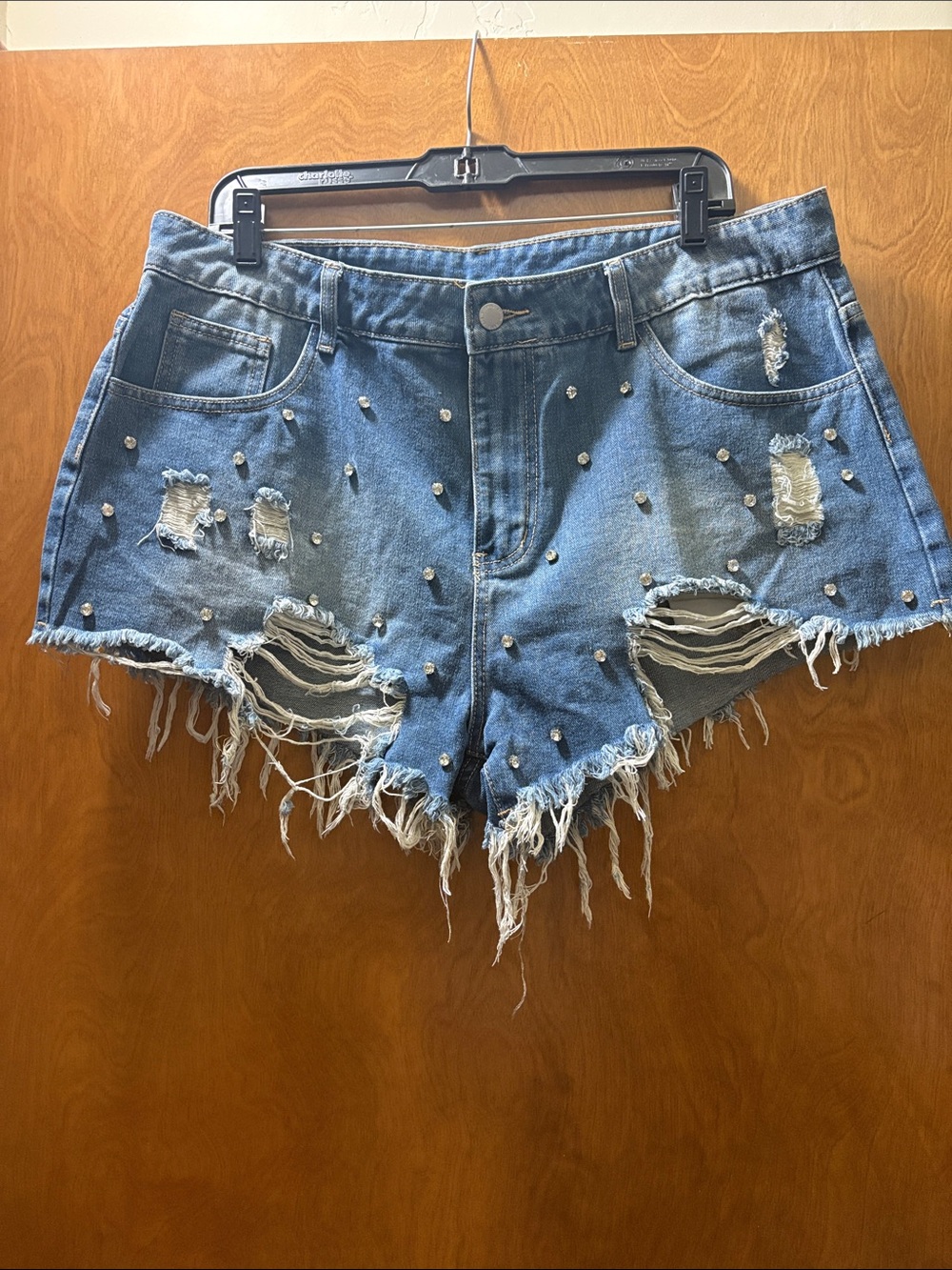 SHEIN Light Blue Distressed Pearl Accent Denim Shorts